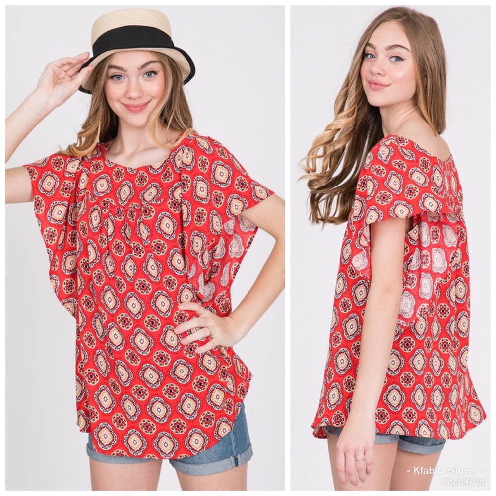 🥰LAST 2! Relaxed Soft Woven Ruffle Printed Top - Picture 1 of 8